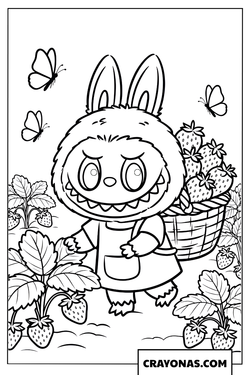 Labubu picking fresh strawberries coloring page