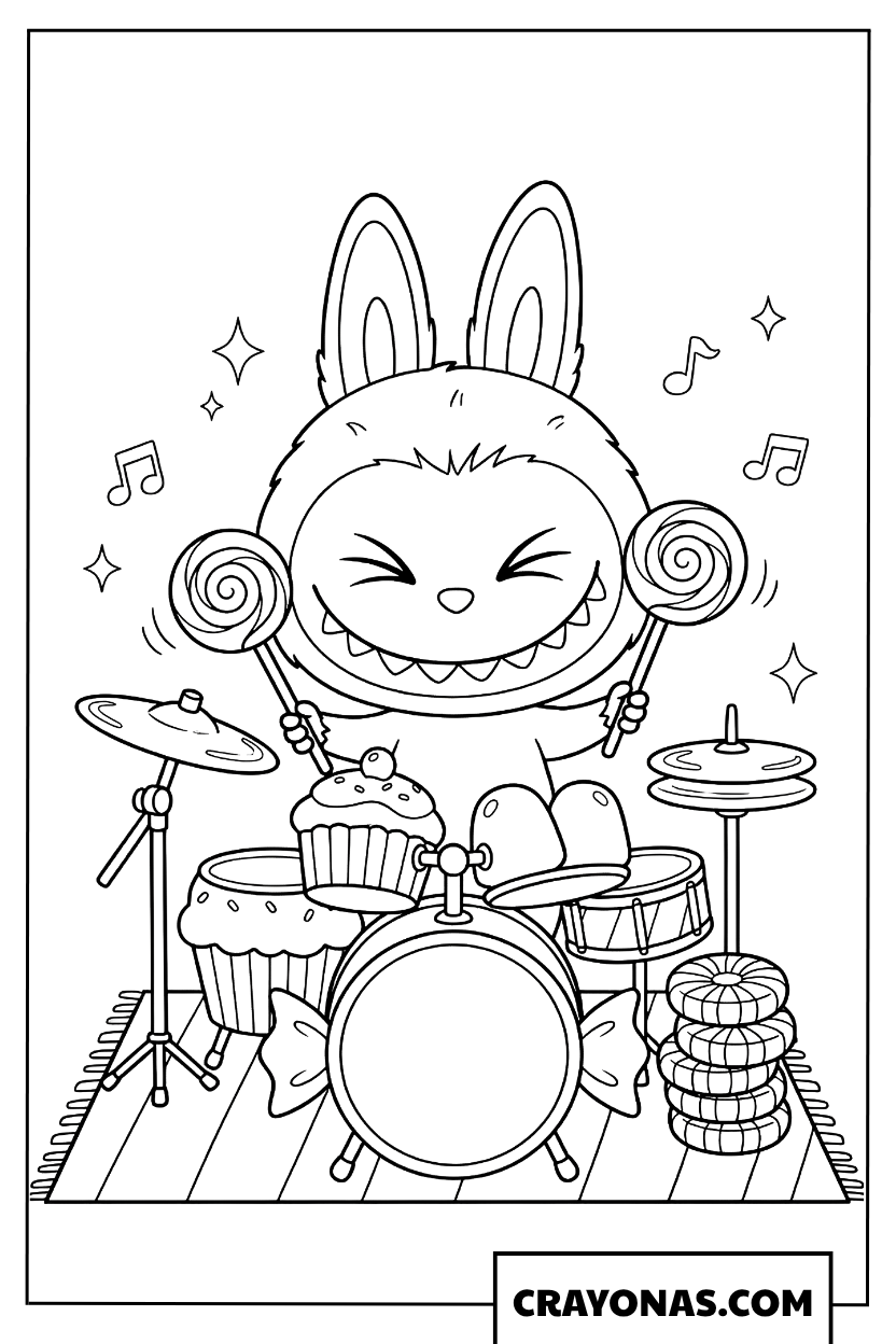 Labubu playing drums with lollipop drumsticks coloring page