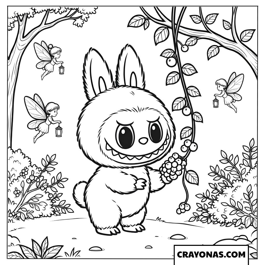 Labubu playing with forest fairies coloring page