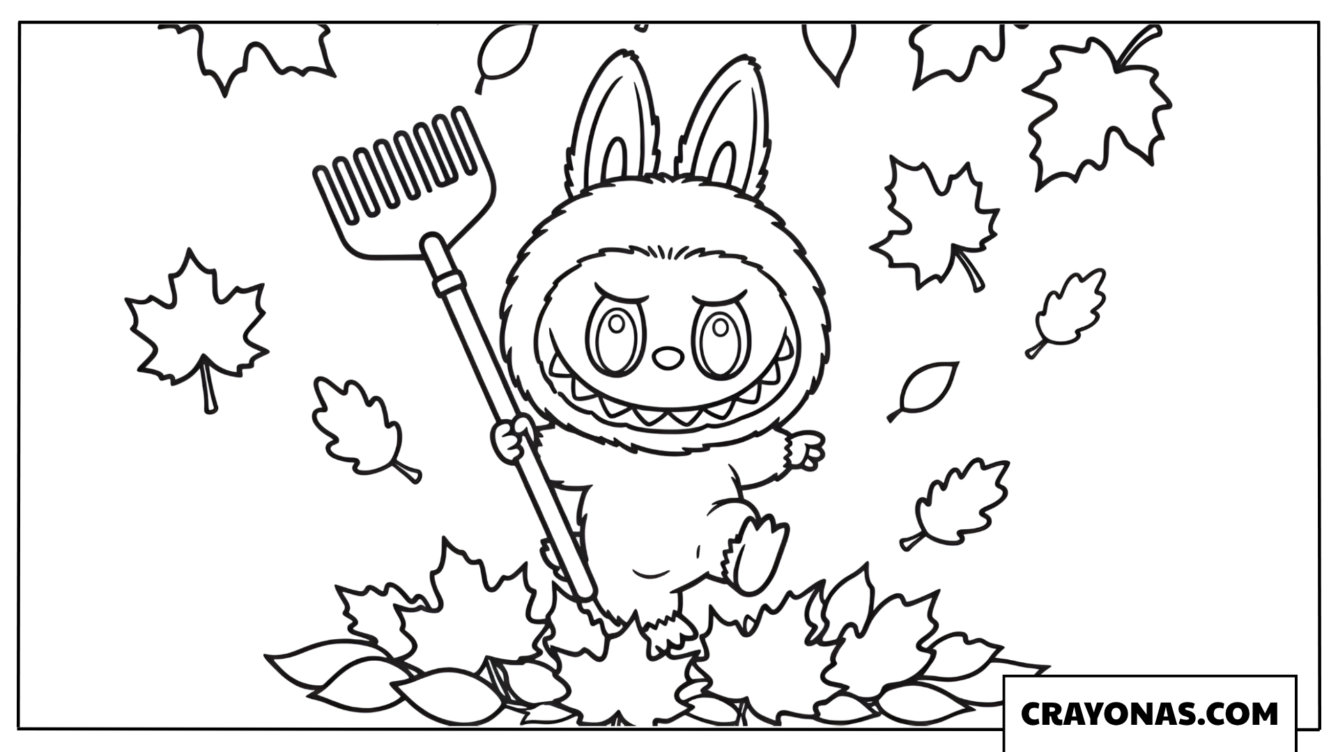 Labubu raking autumn leaves coloring page