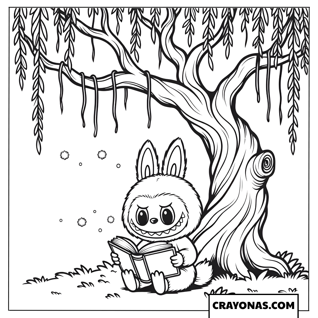 Labubu reading under a weeping willow coloring page