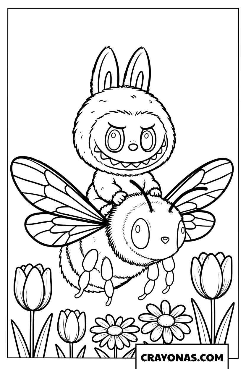 Labubu riding a chubby bumblebee coloring page