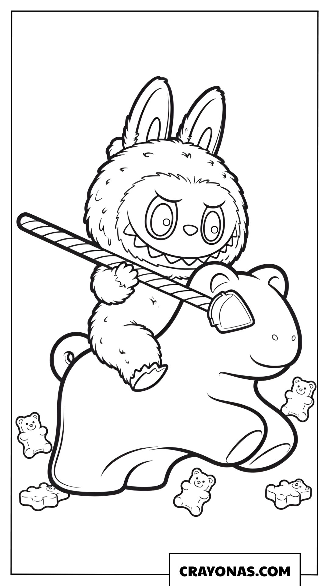 Labubu riding a giant gummy bear coloring page