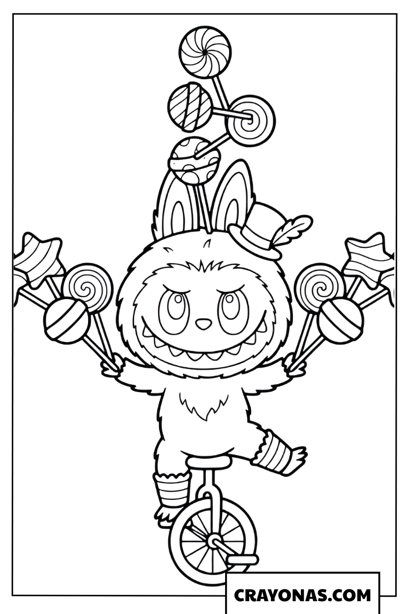 Labubu riding a unicycle and juggling lollipops coloring page