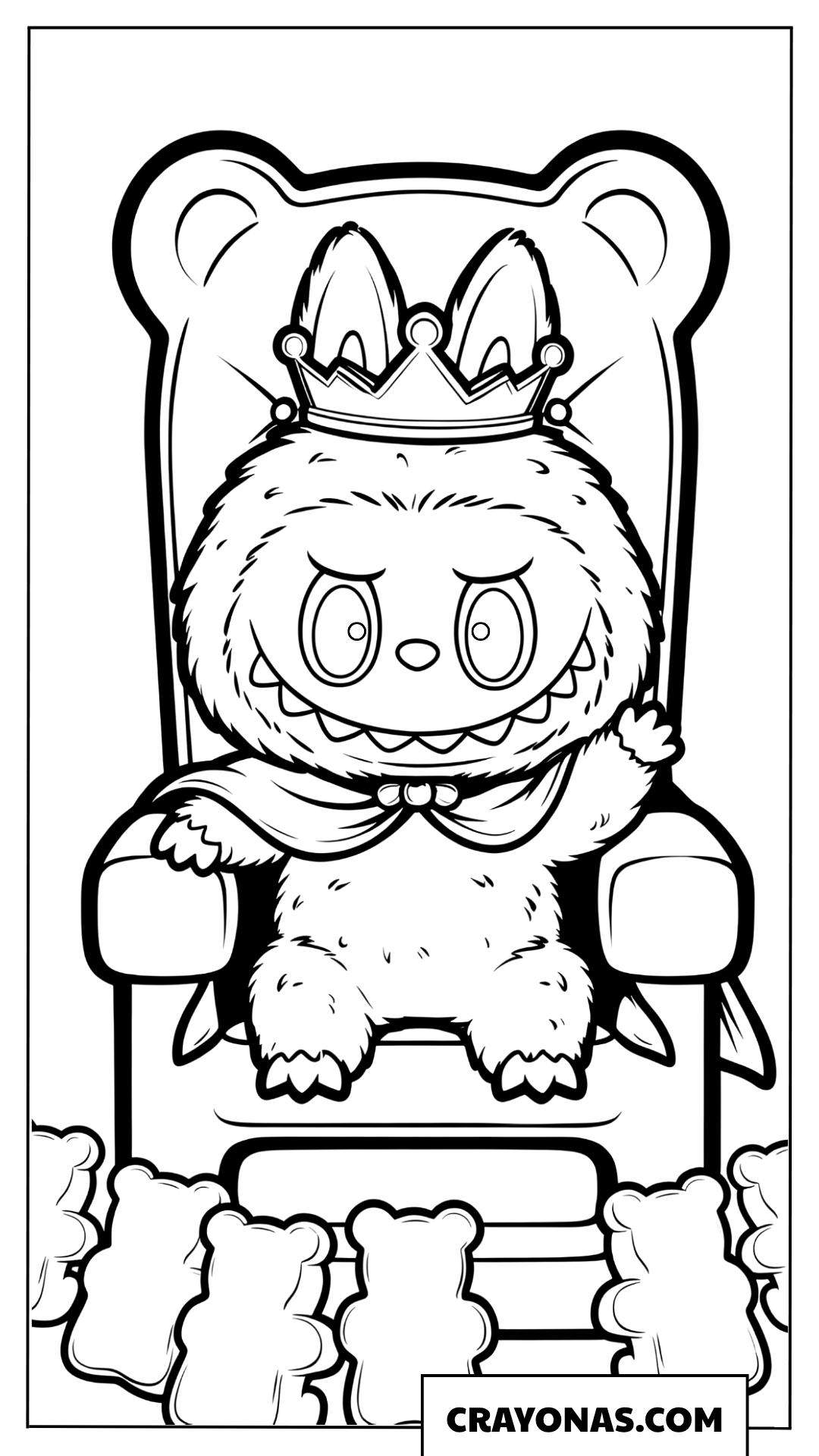 Labubu sitting on the gummy bear throne coloring page