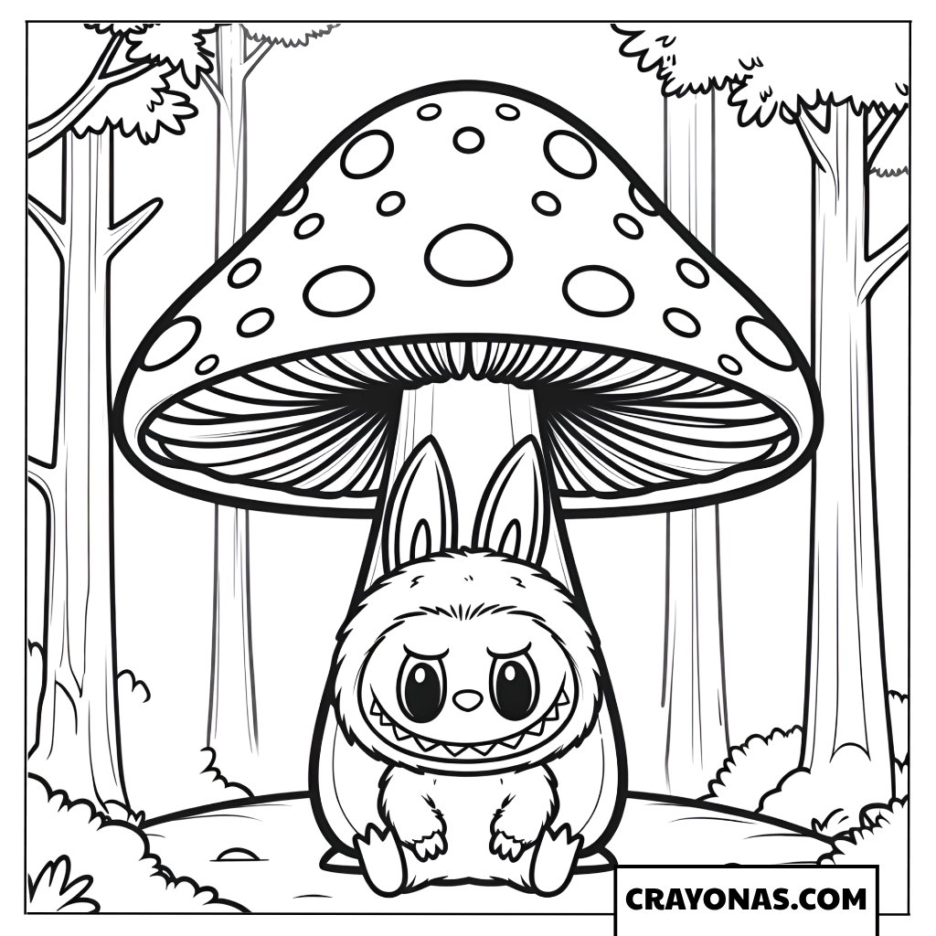 Labubu sitting under a giant mushroom coloring page