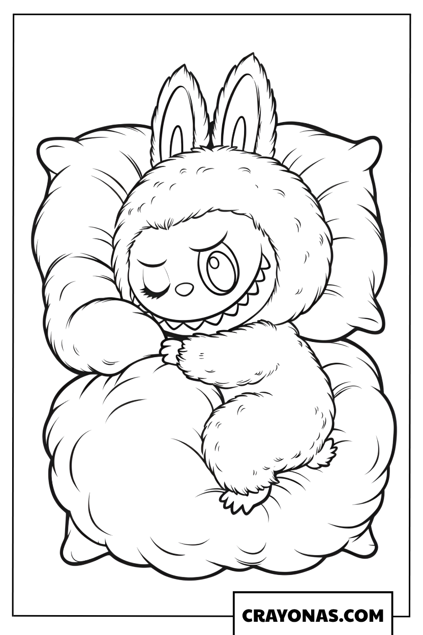 Labubu sleeping soundly on a cotton candy pillow coloring page