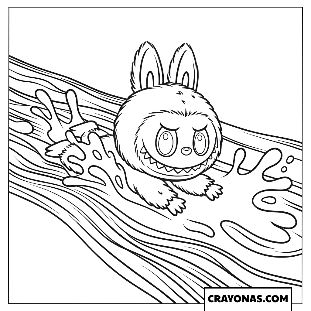 Labubu sliding down a chocolate river coloring page