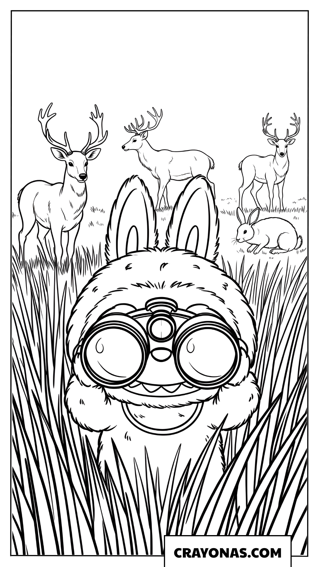 Labubu spotting wildlife with binoculars coloring page