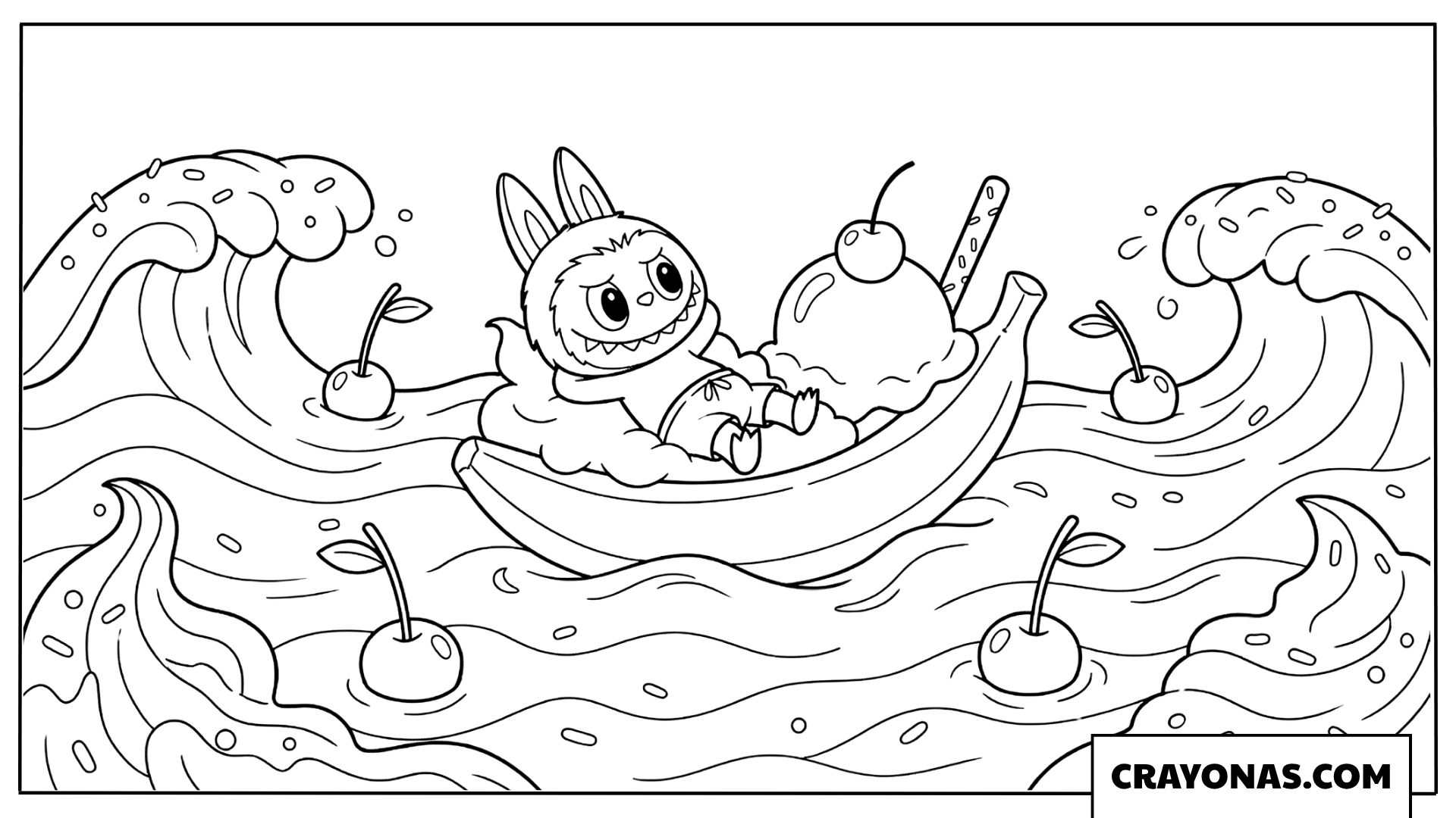 Labubu surfing on a banana split boat coloring page