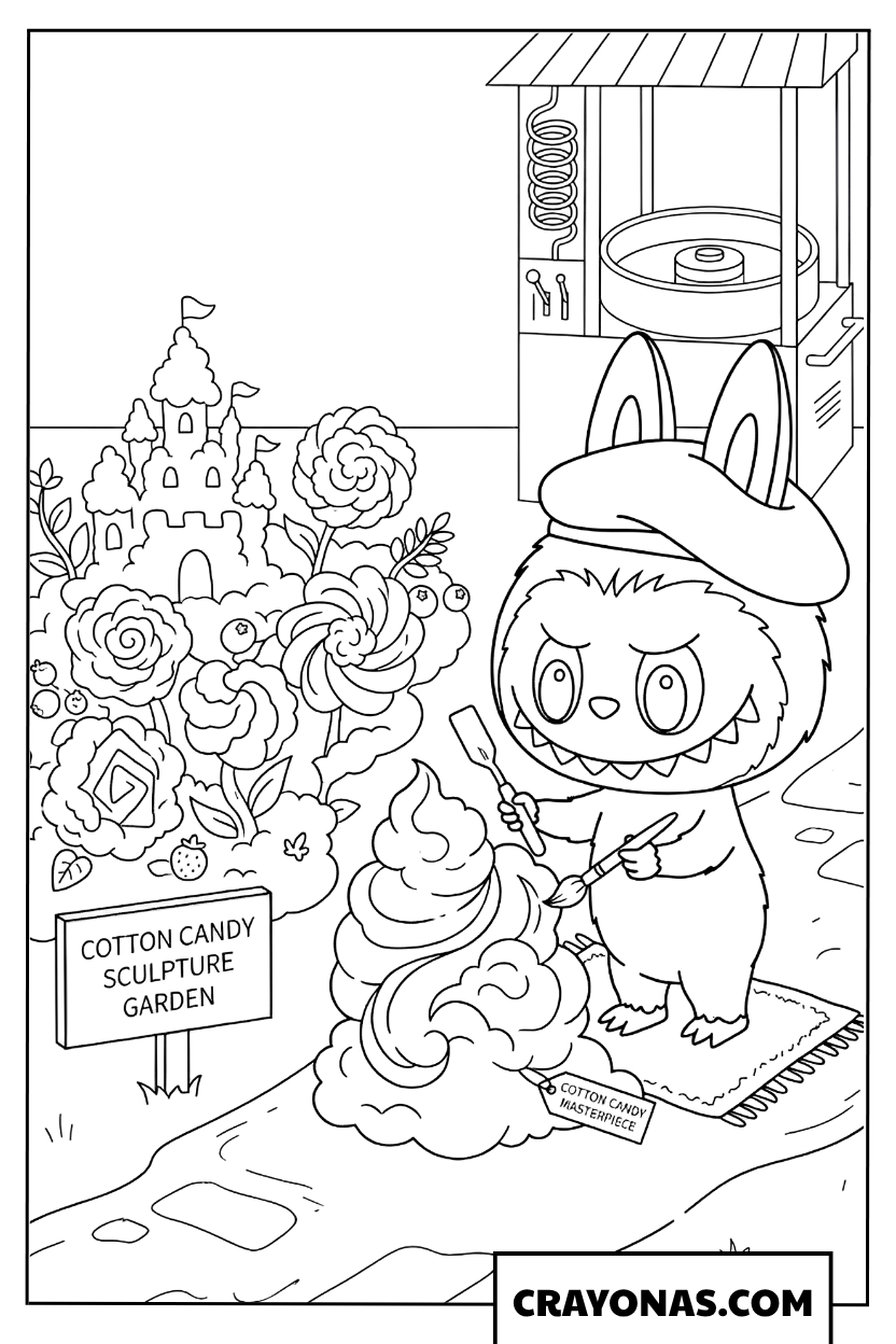 Labubu tending to a cotton candy flower garden coloring page