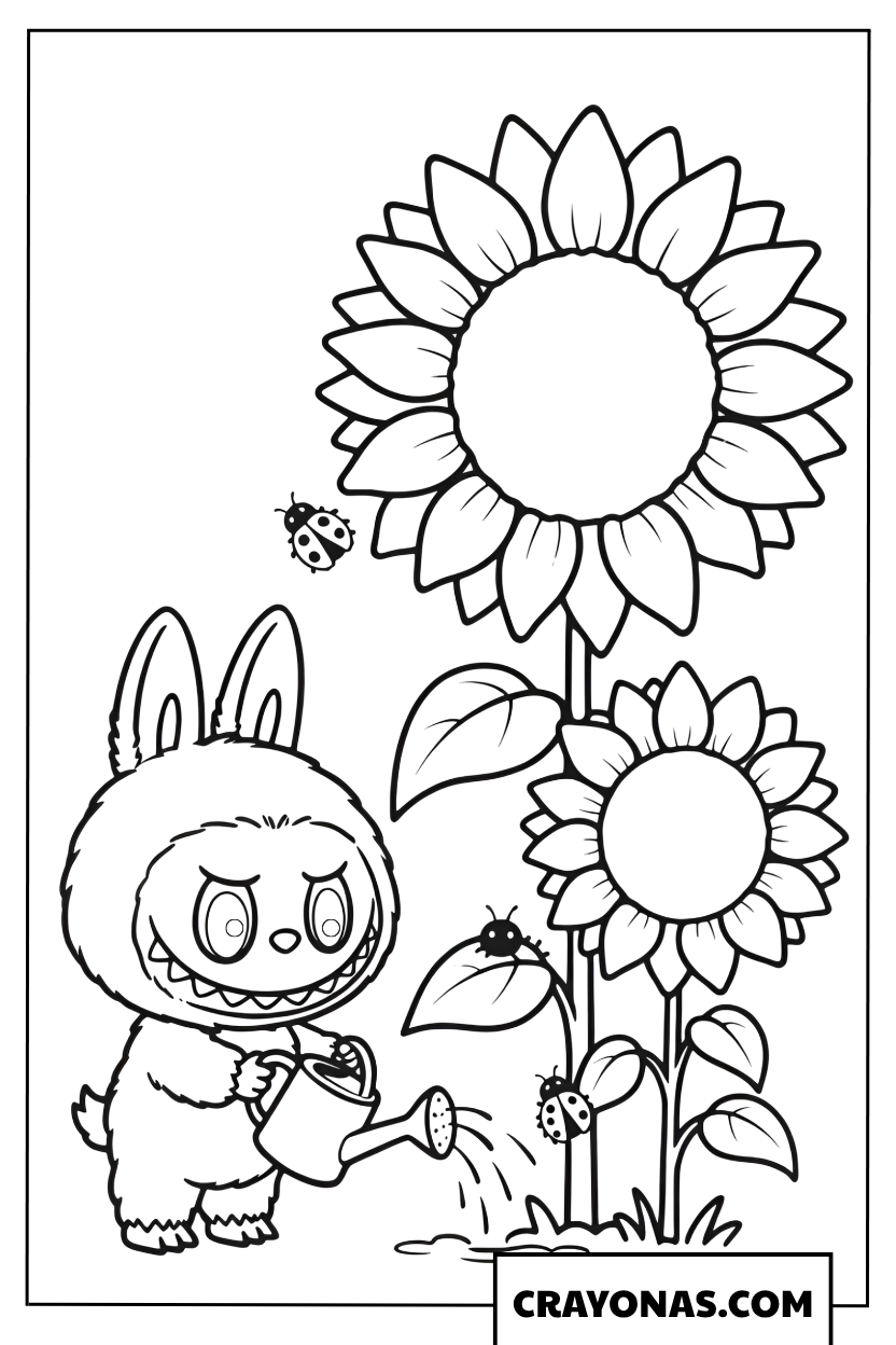 Labubu watering giant sunflowers coloring page