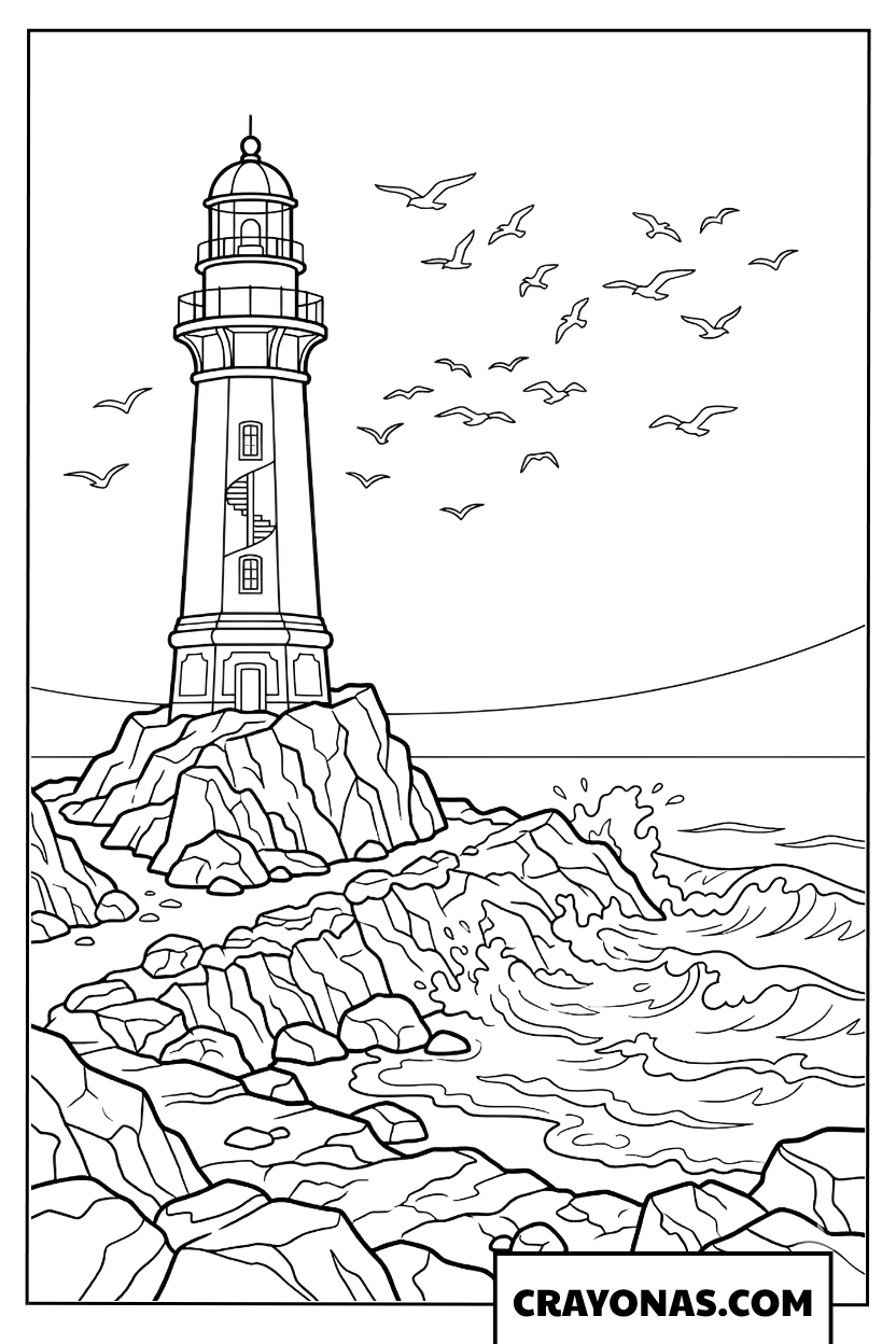 Lighthouse on Rocky Shore Coloring Page