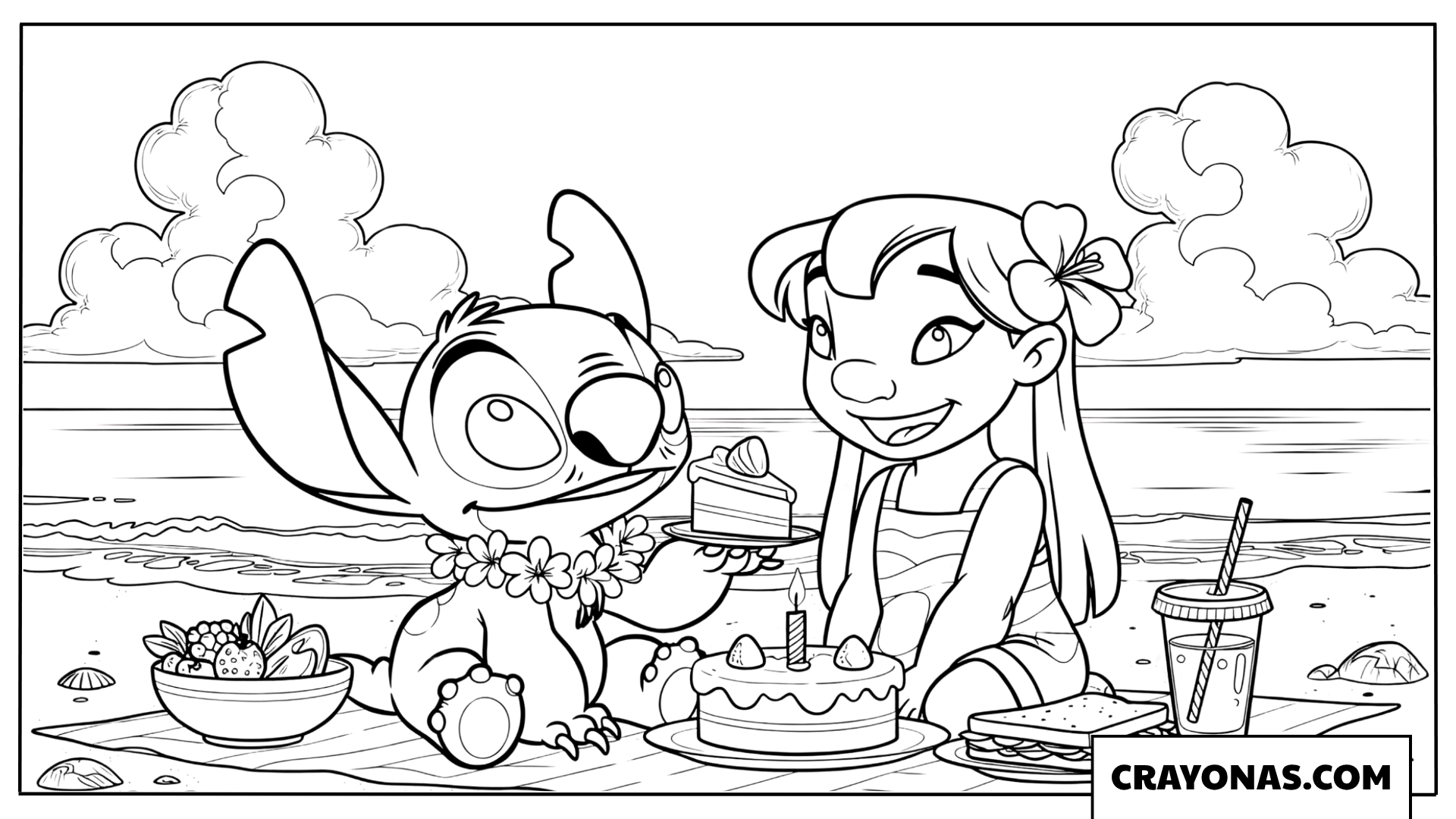 Lilo and Stitch Beach Birthday Picnic Coloring Page