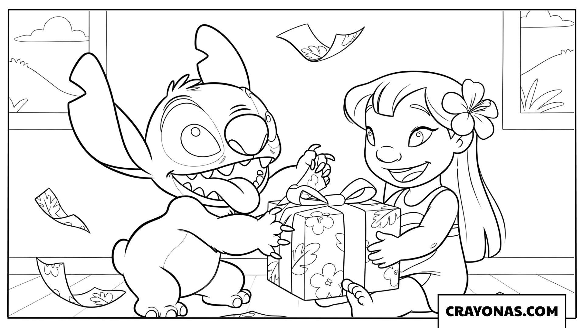 Lilo and Stitch Opening Gifts Together Coloring Page