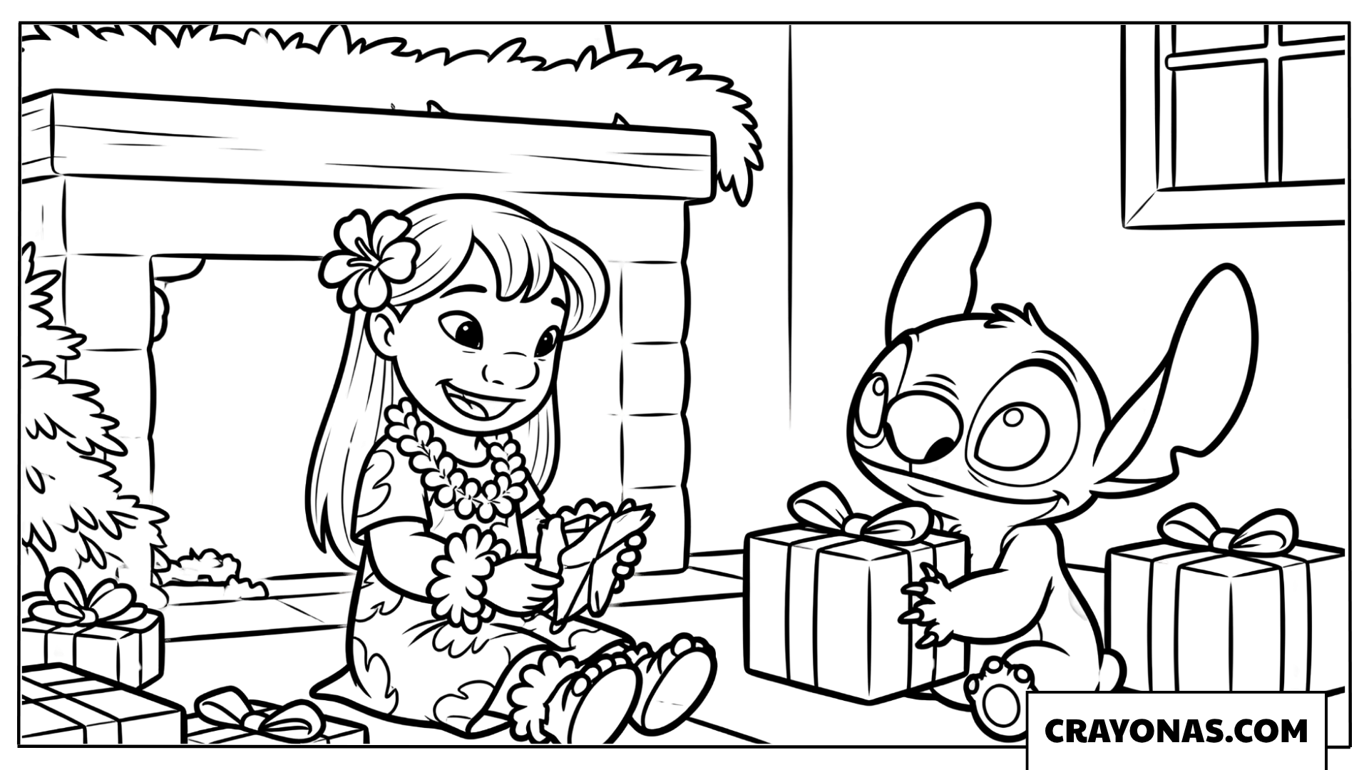 Lilo and Stitch Opening Gifts by the Fire Coloring Page