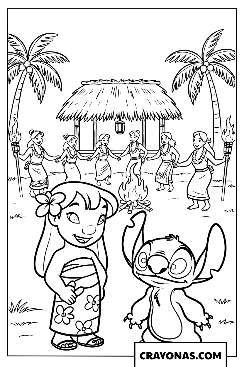 Lilo and Stitch joining a fire dance festival coloring page