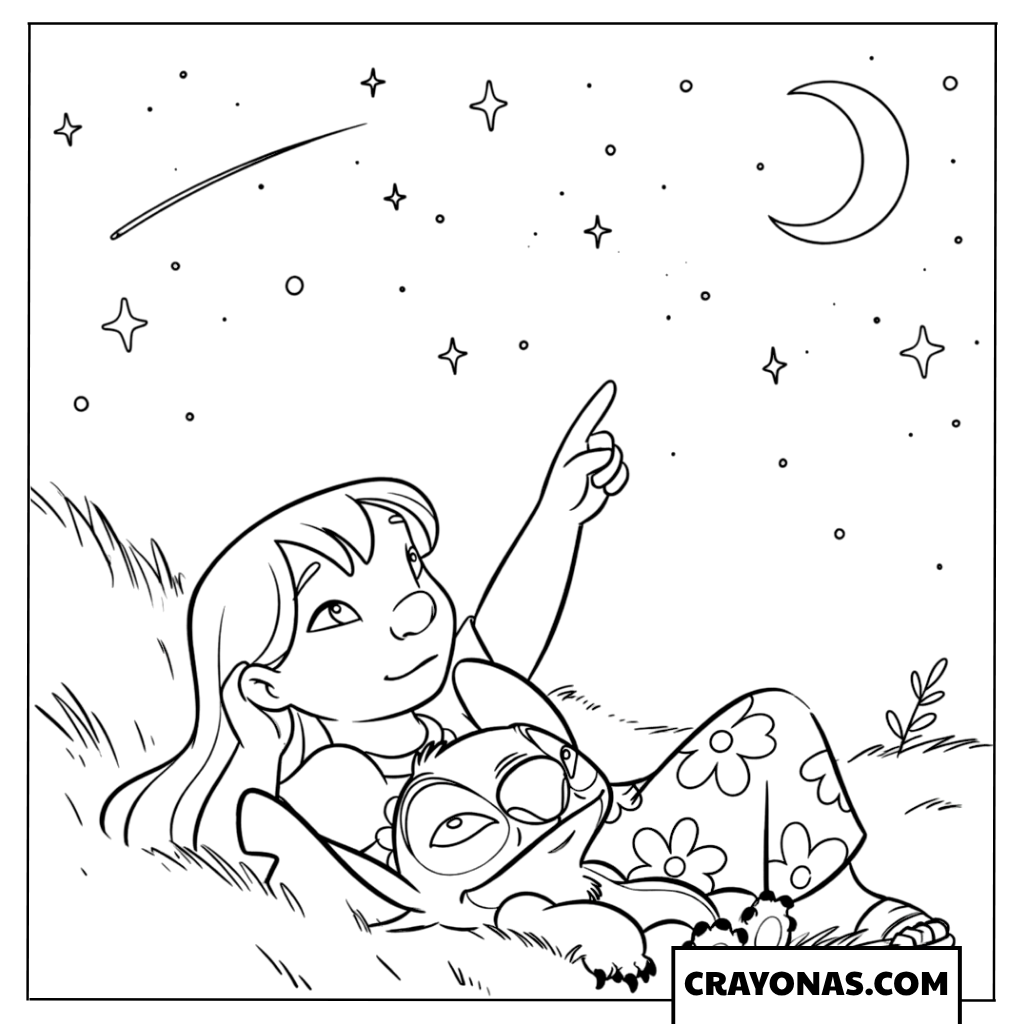 Lilo and Stitch stargazing at night coloring page