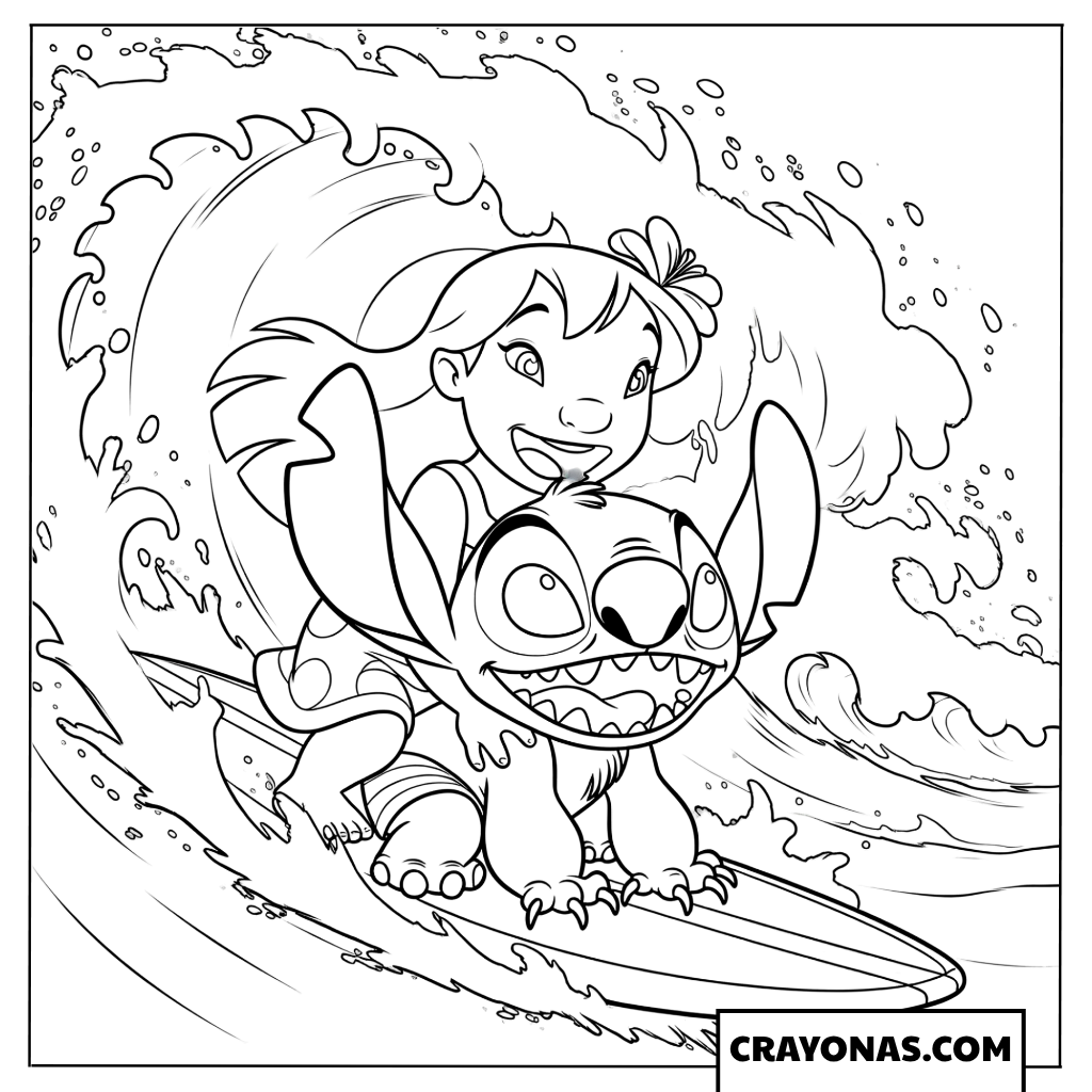 Lilo and Stitch surfing on a big ocean wave coloring page