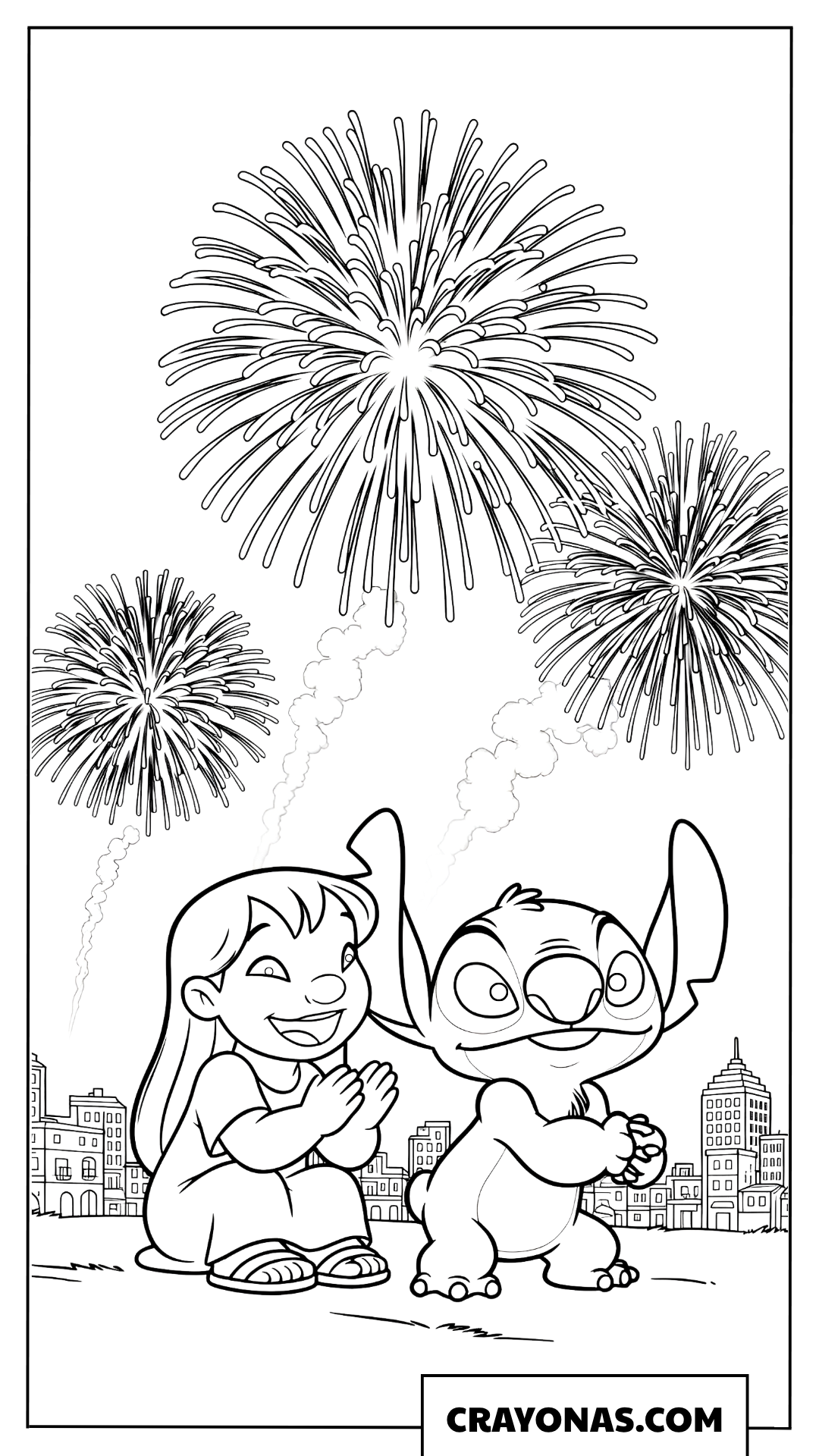 Lilo and Stitch watching festival fireworks coloring page