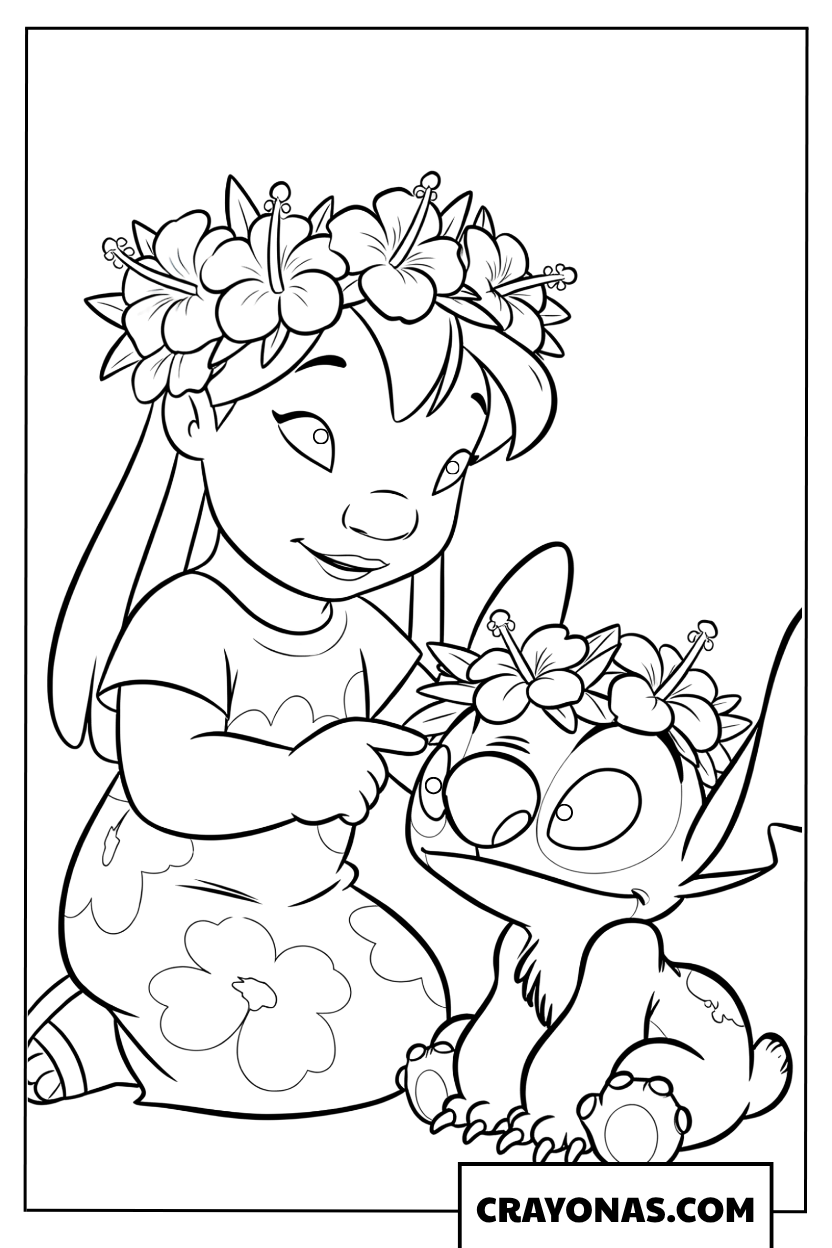 Lilo giving a flower lei to Stitch coloring page
