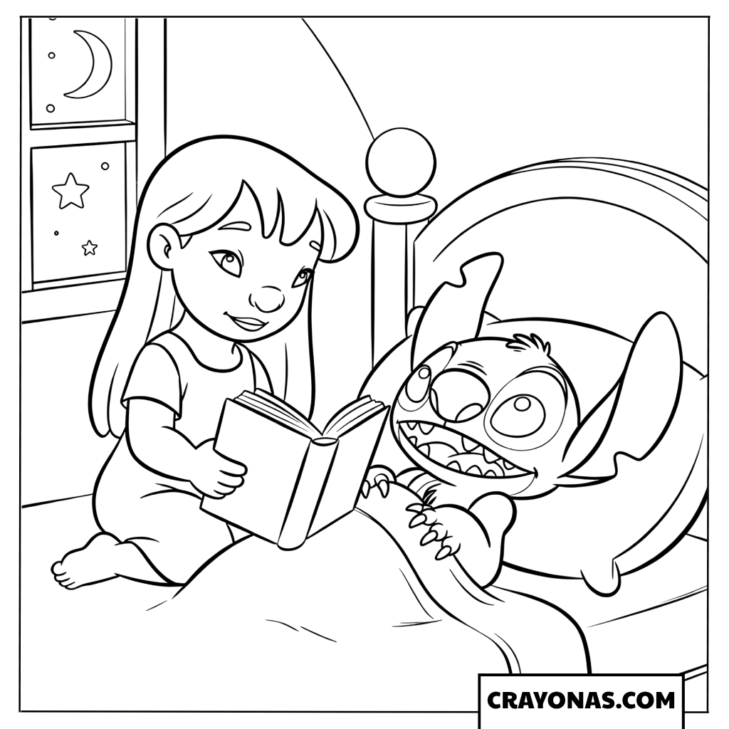 Lilo reading a story to Stitch before bedtime coloring page