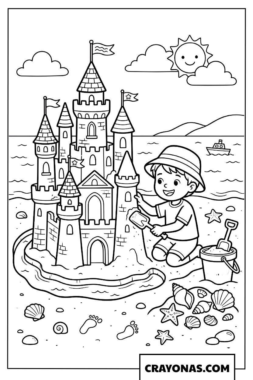 Little Boy Building Sandcastle Coloring Page
