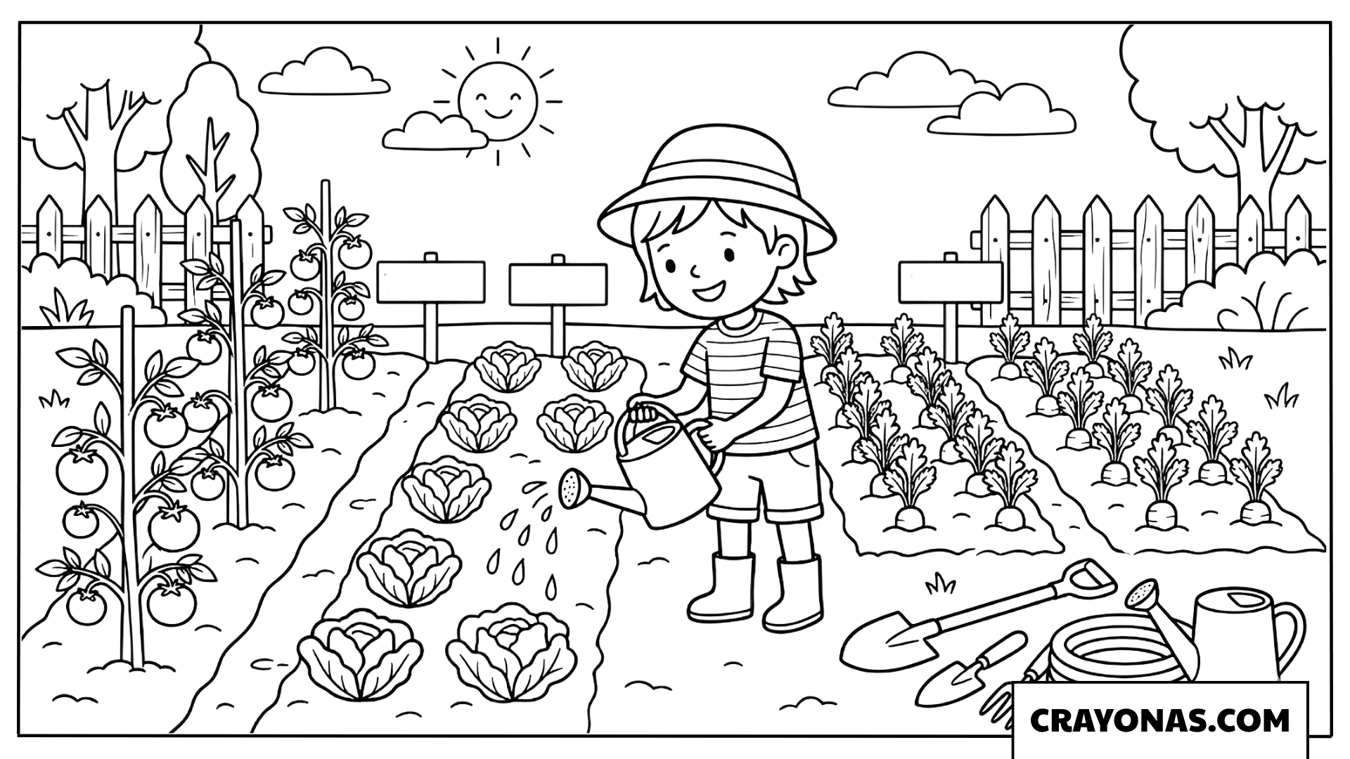 Little Gardener Tending Vegetables Coloring Page