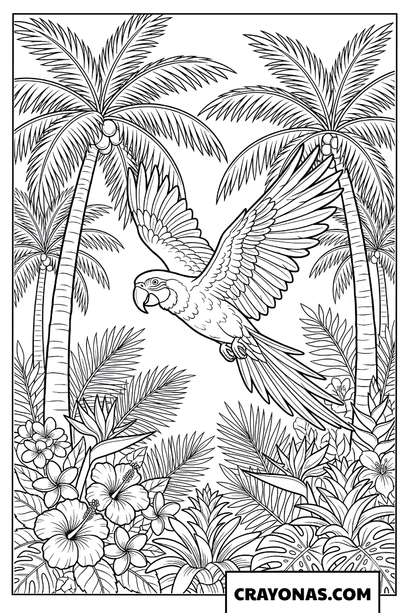Macaw Flying Through Palm Trees Coloring Page