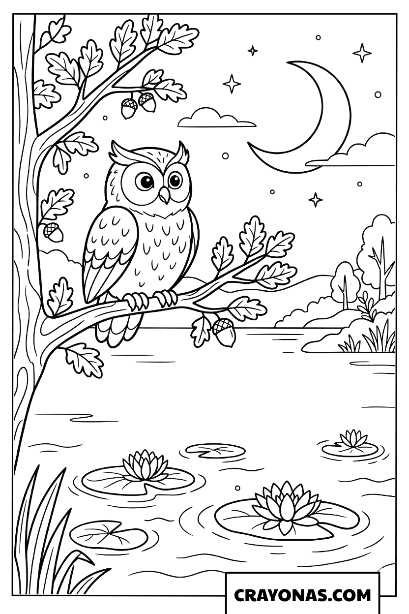Owl Under the Moonlight Coloring Page