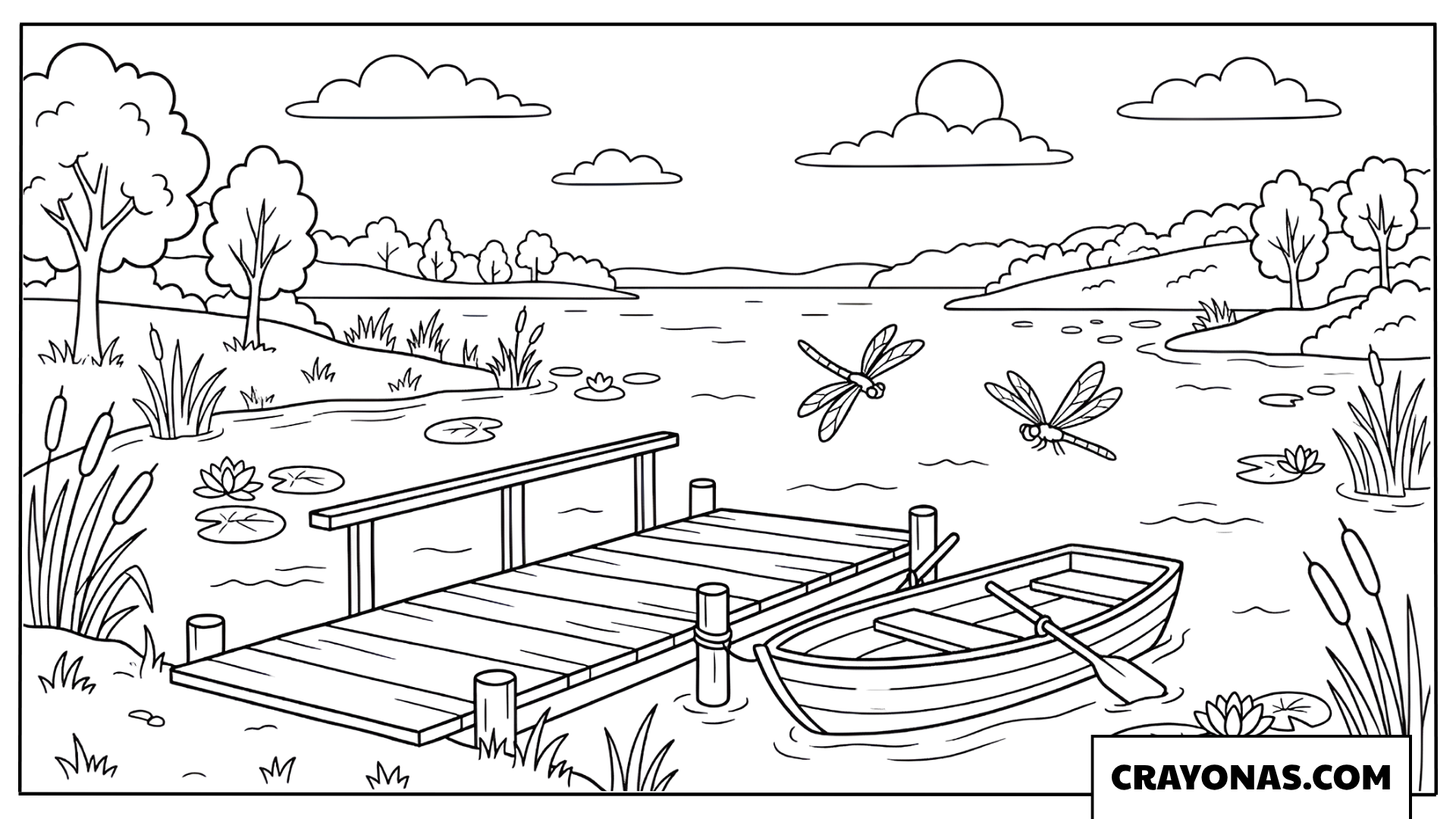 Peaceful Lake and Boat Dock Coloring Page