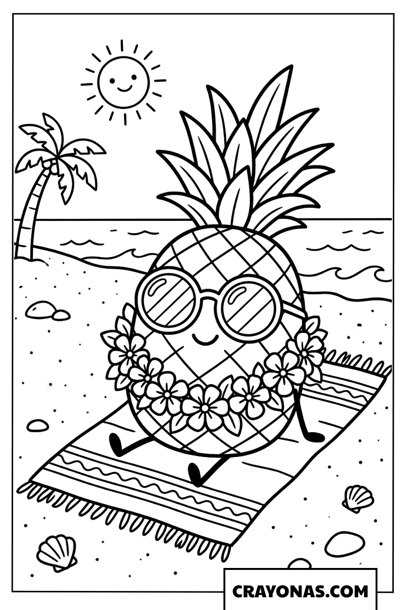Pineapple at the Beach Coloring Page