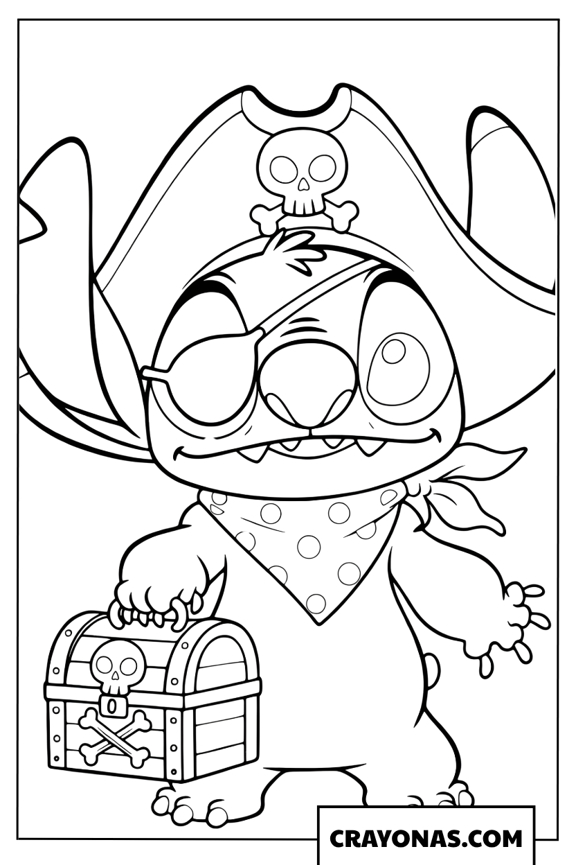 Pirate Stitch with Treasure Chest Coloring Page