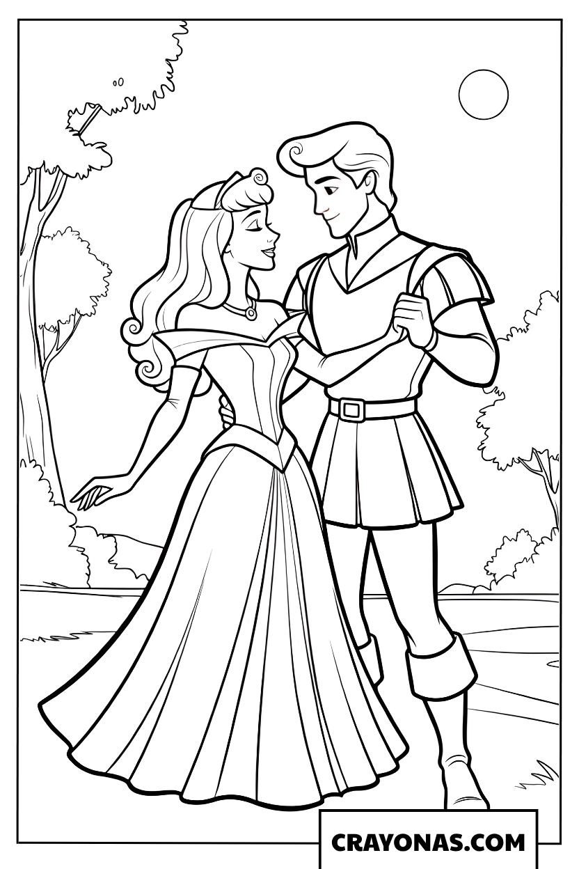 Princess Aurora and Prince Phillip Dancing Coloring Page
