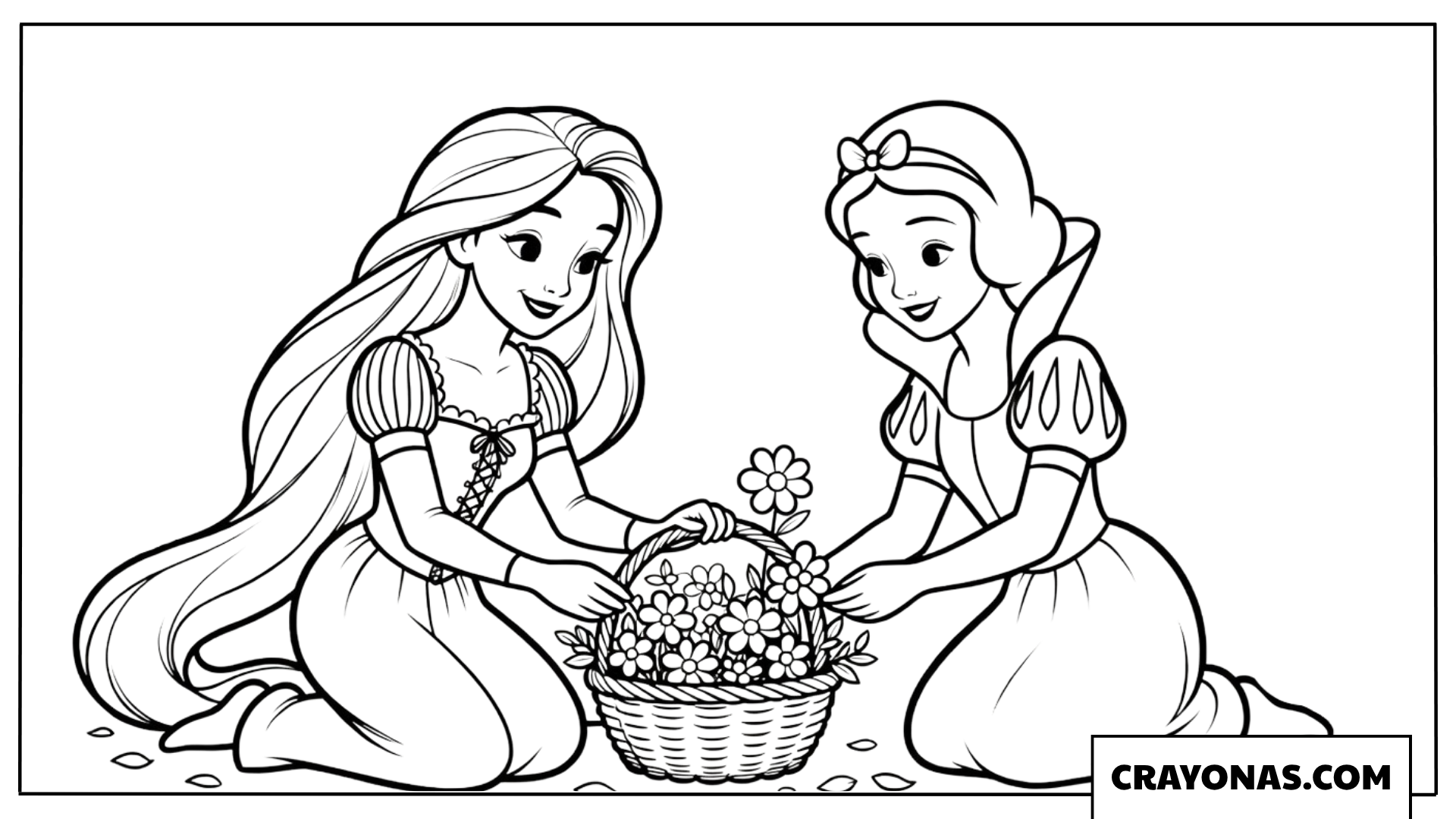Rapunzel and Snow White Flower Picking Coloring Page