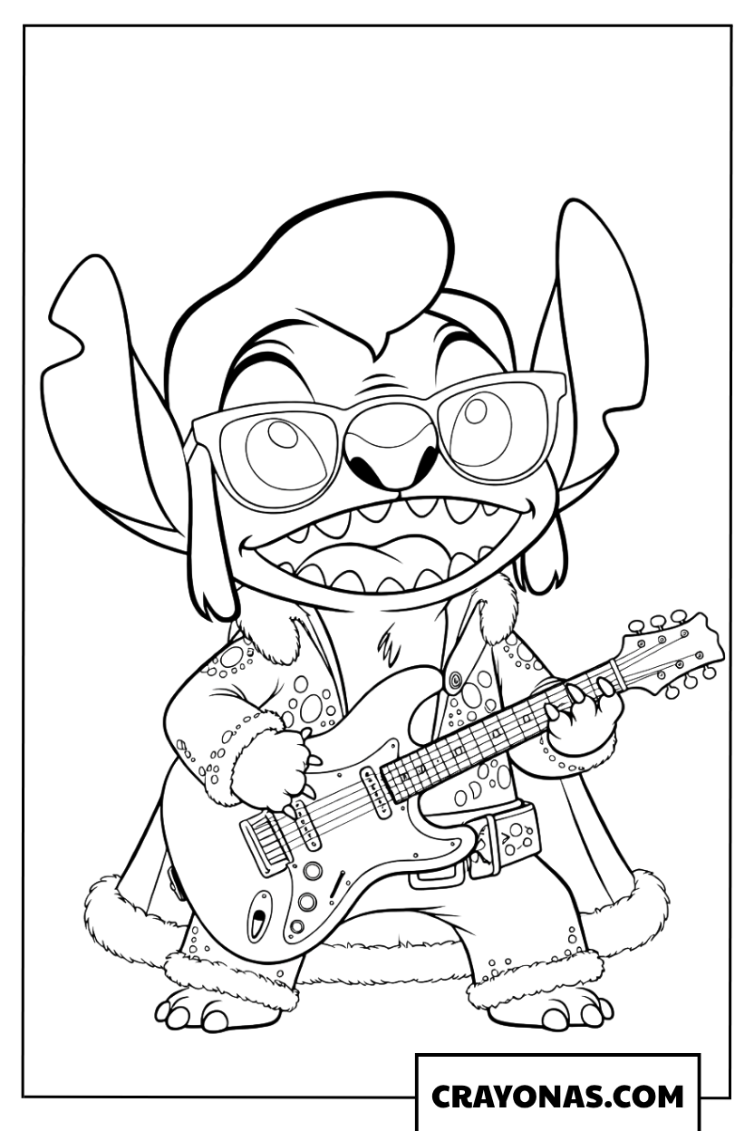 Rock Star Stitch with Electric Guitar Coloring Page