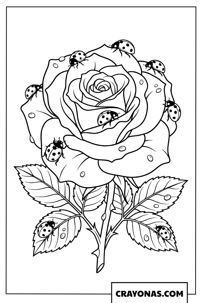 Rose Flower and Ladybugs Coloring Page