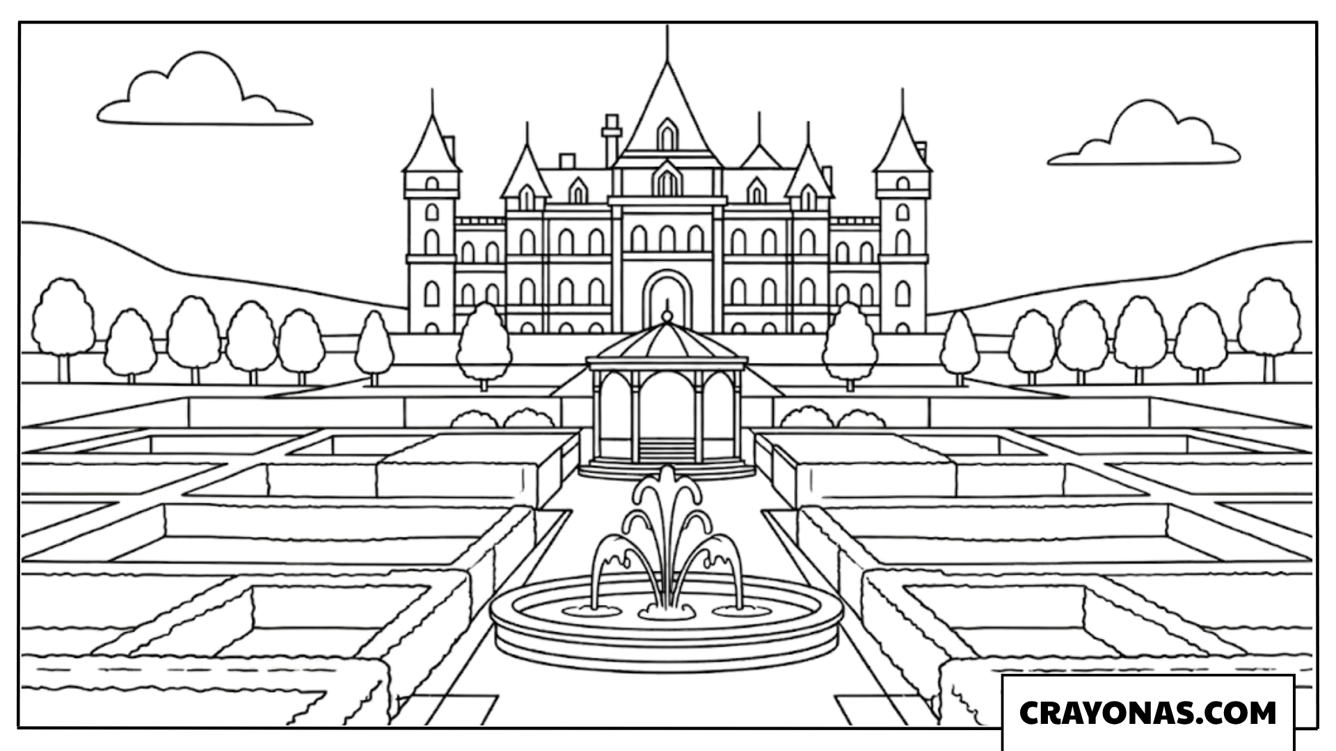Royal Palace Garden and Fountain Coloring Page