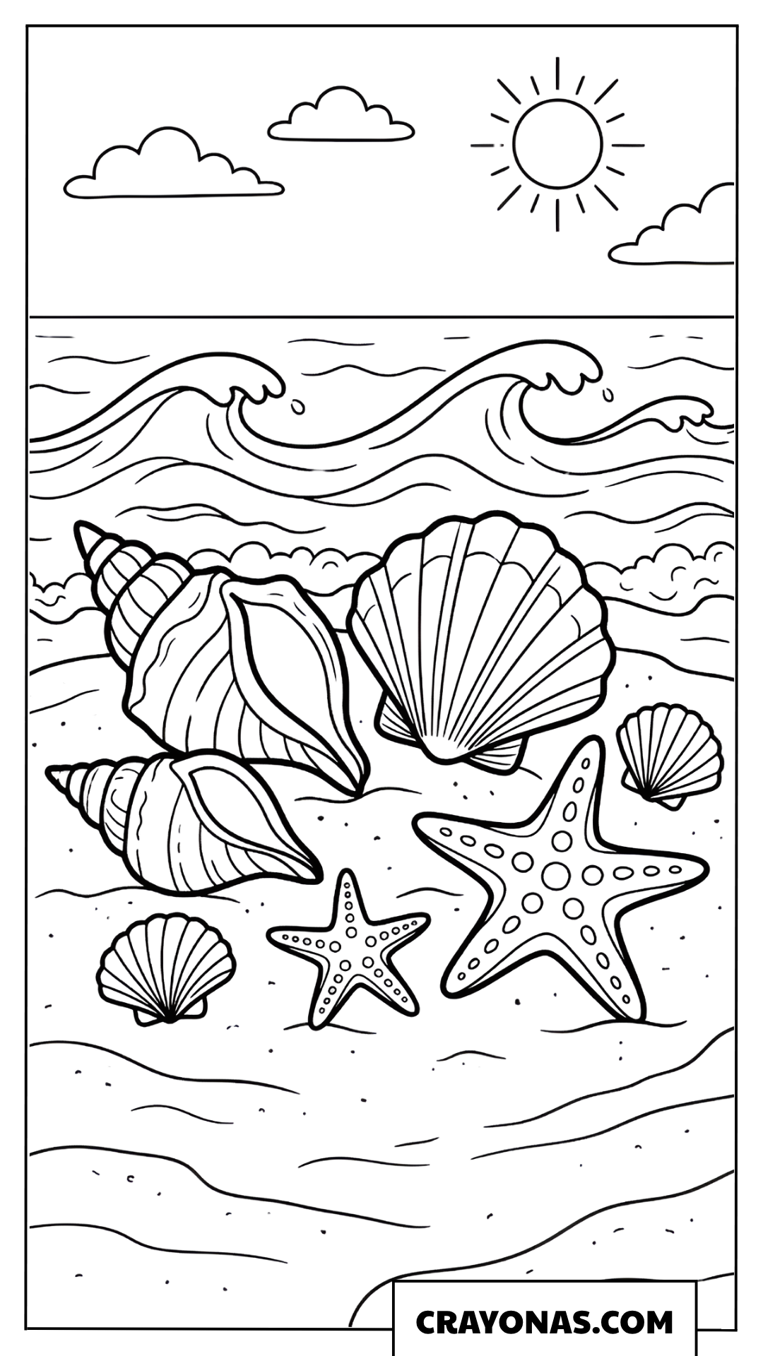 Sea Shells and Starfish on Sand Coloring Page