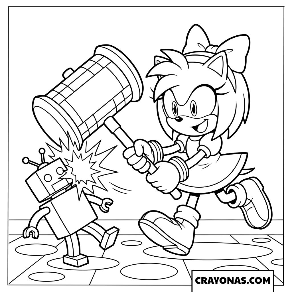 Simple Amy Rose Fighting a Robot with Piko Hammer Coloring Sheet