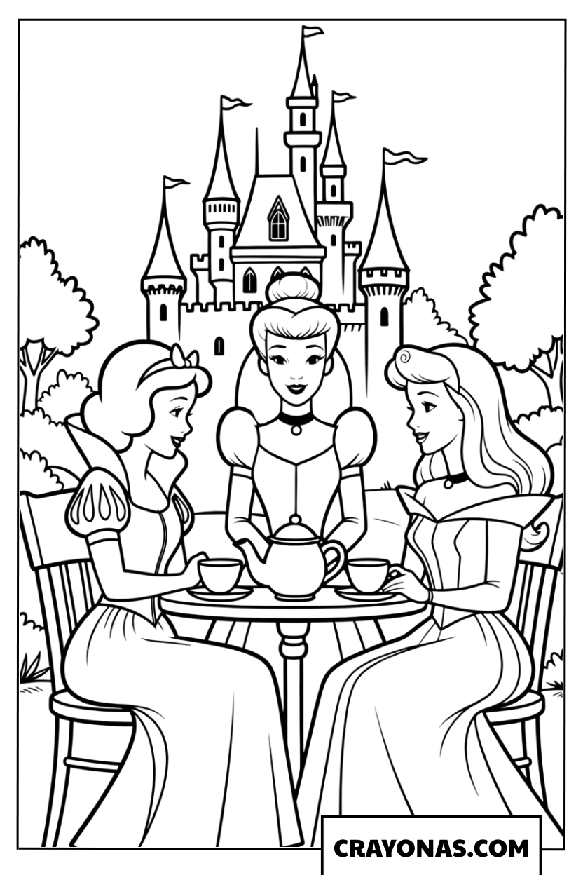Snow White, Cinderella, and Aurora Tea Party Coloring Page