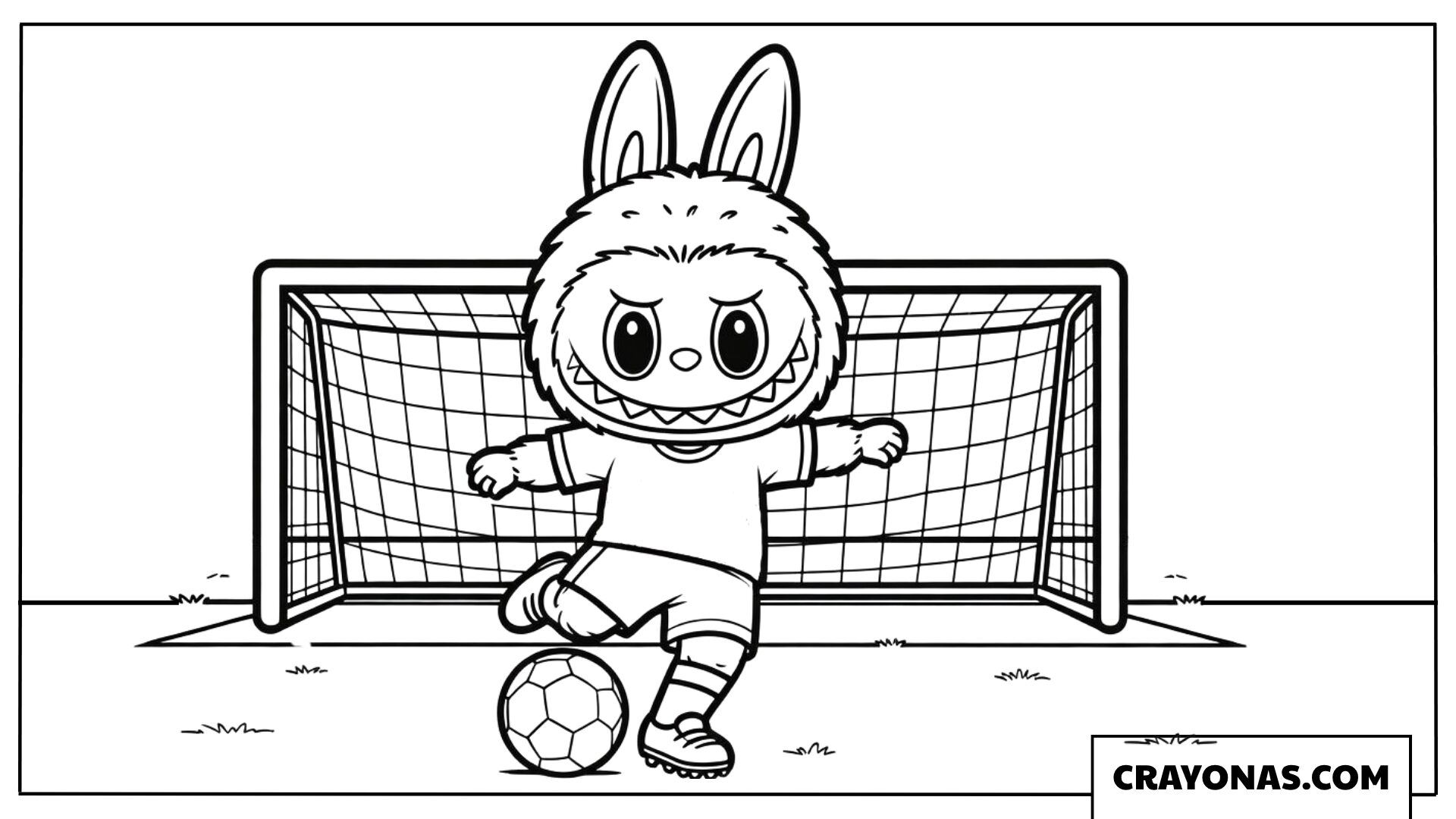 Soccer Player Labubu Kicking a Ball into the Goal Coloring Page