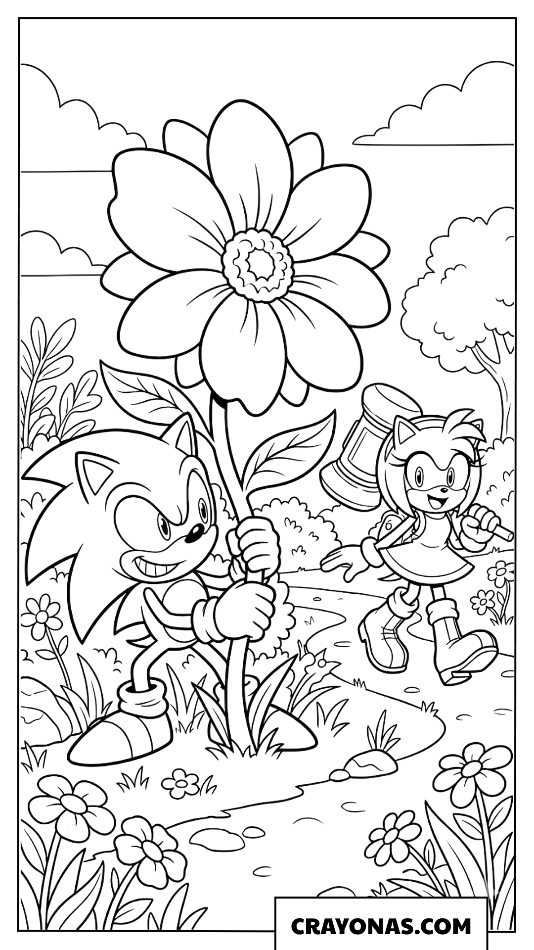 Sonic Giving a Giant Sunflower to Amy Coloring Page