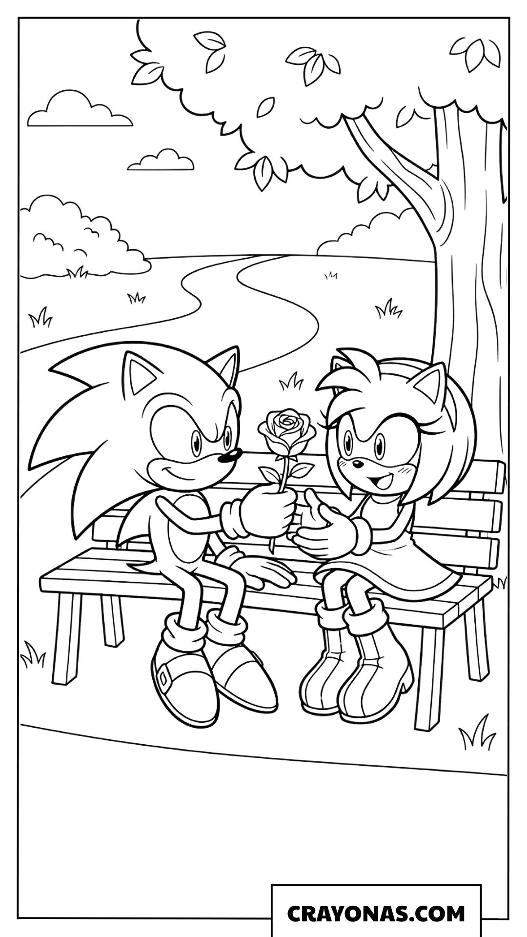Sonic Giving a Rose to Amy on a Park Bench Coloring Page