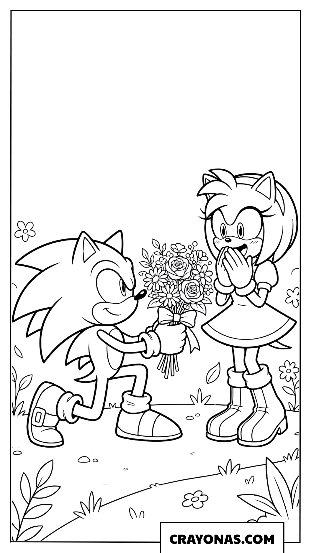 Sonic Kneeling and Giving a Bouquet to Amy Coloring Page