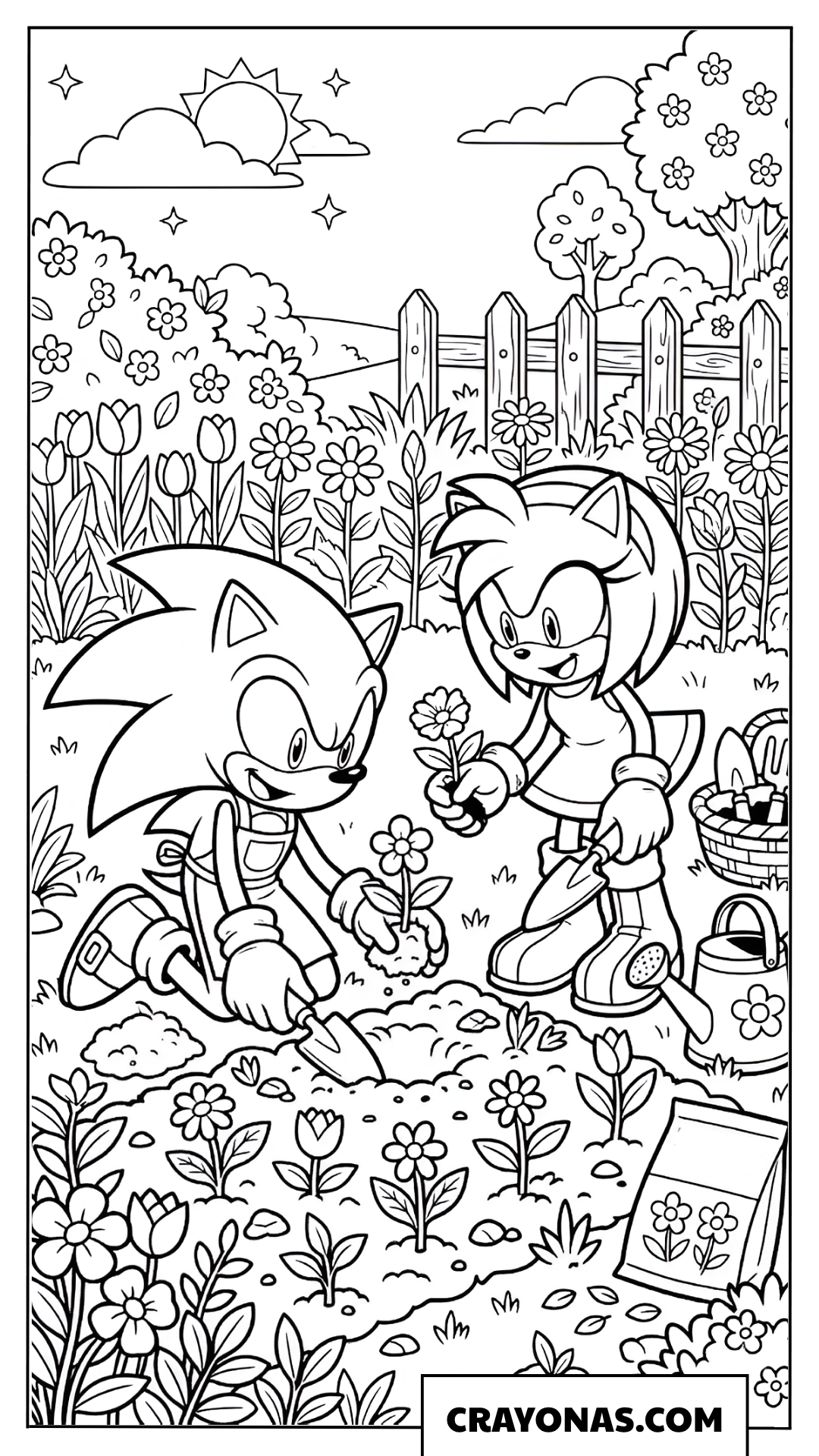 Sonic Picking Flowers for Amy in a Meadow Coloring Page