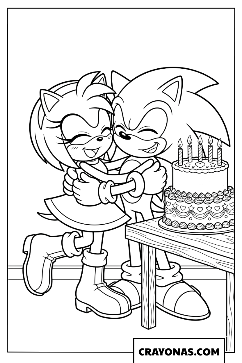 Sonic and Amy Hugging by a Birthday Cake Coloring Page