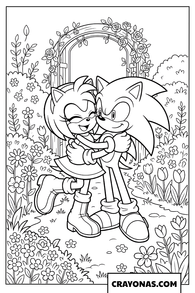 Sonic and Amy Hugging in a Beautiful Flower Garden Coloring Page