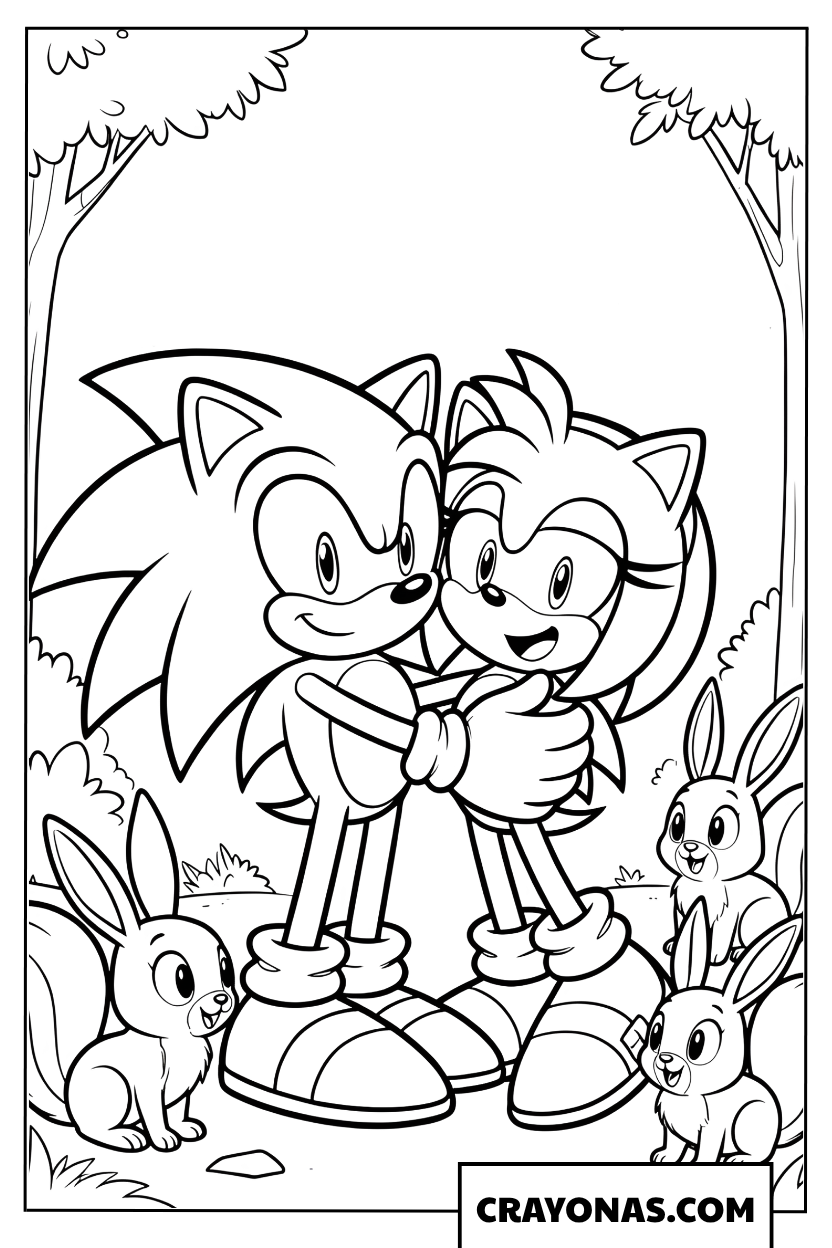 Sonic and Amy Hugging with Cute Bunnies Coloring Page