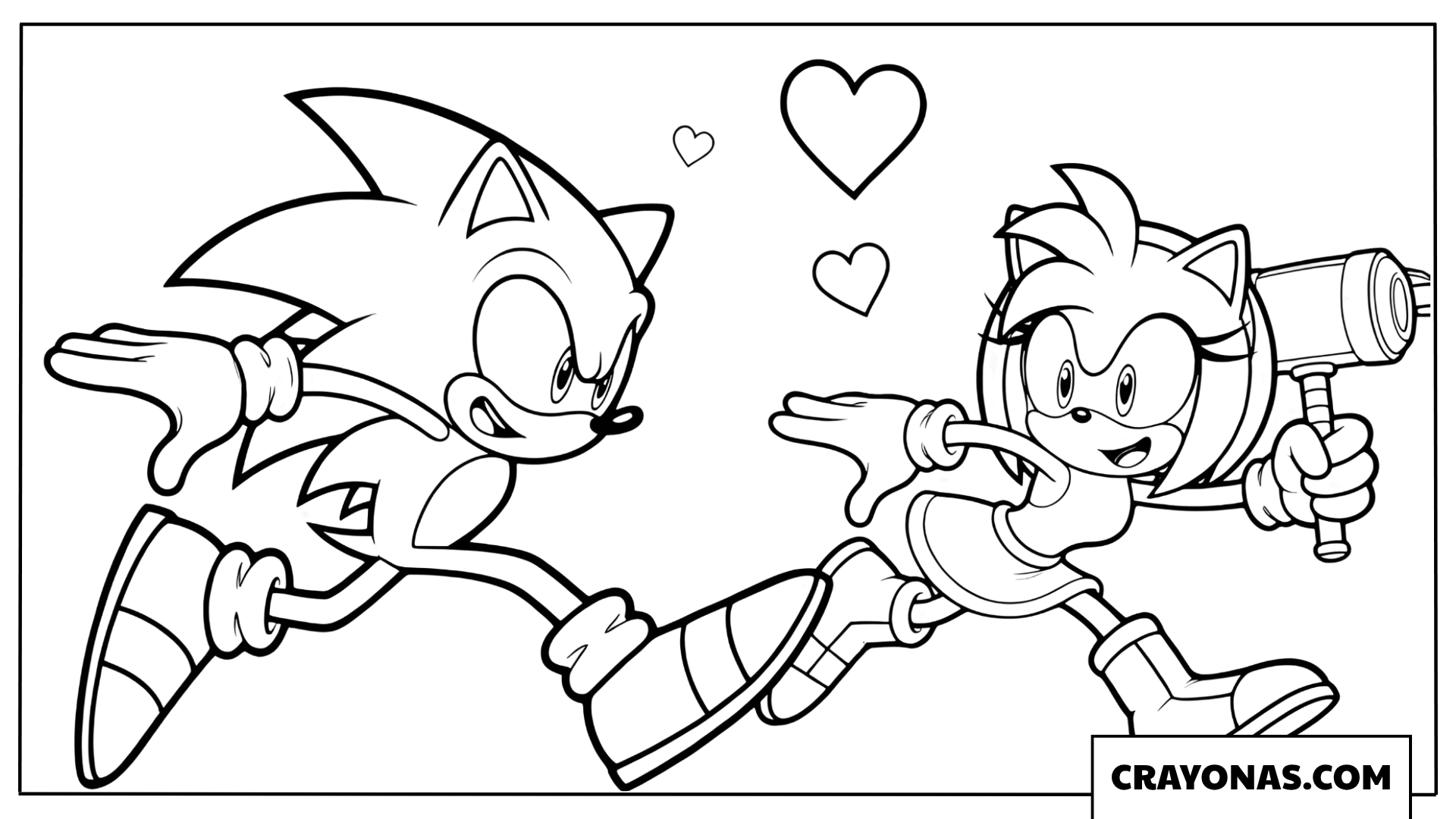 Sonic and Amy Running with Love Hearts Coloring Page